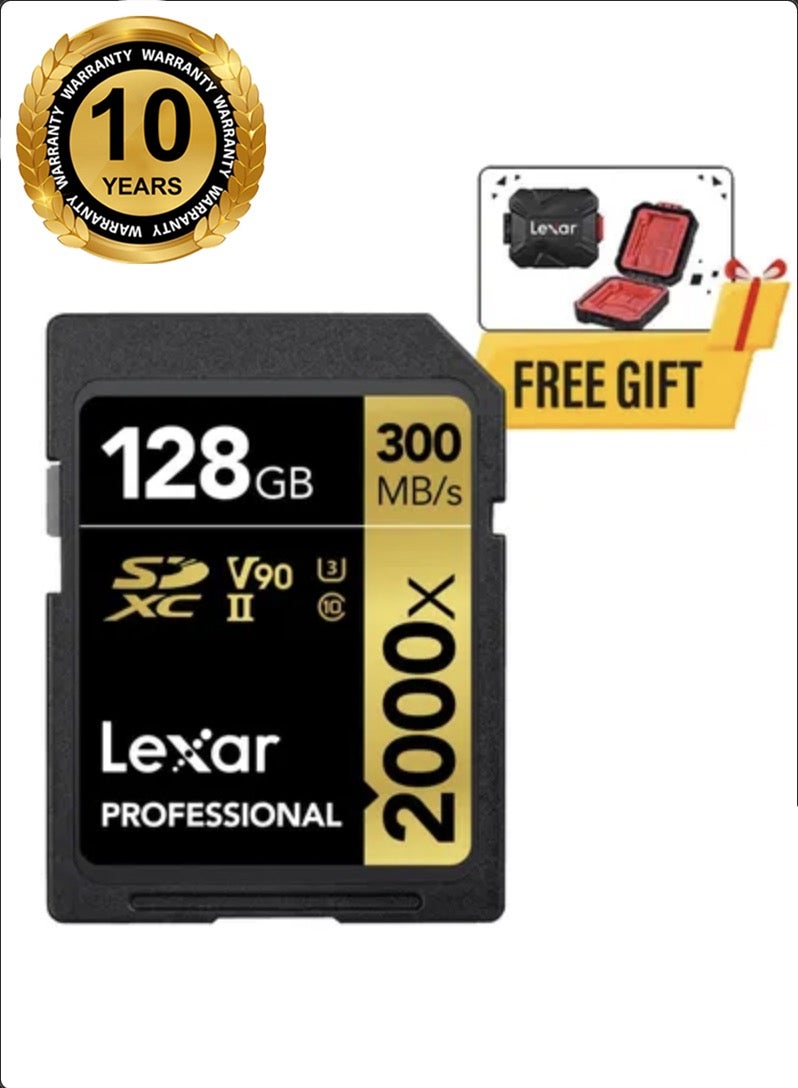 ليكسار - بطاقة ذاكرة Lexar سعة 128 جيجابايت احترافية 2000x UHS-II SDHC مع حافظة بطاقة ذاكرة مجانية مقاومة للماء - ضمان لمدة 10 سنوات - الموزع الرسمي 128 جيجابايت - Image 1