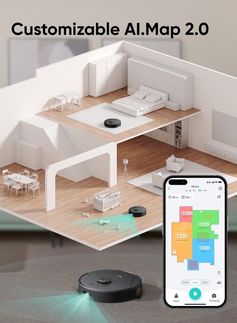 إيوفي مكنسة روبوت كهربائية مطوّرة eufy Clean X8 Pro مزوّدة بممسحة للأرضيات وعلبة ذاتية التفريغ، مع شفط قوي مزدوج بقوة 2 × 4000 باسكال، وفرشاة دوّارة سهلة الحركة Active Detangling™، إضافة لنظام الملاحة الذكي بتقنية الليزر iPath™ المخصص لشفط شعر الحيوانات الأليفة والتنظيف العميق 72 W T2266  - Image 5