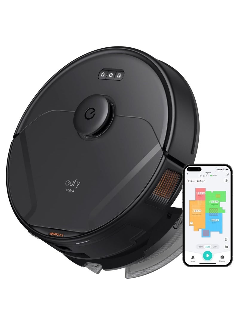إيوفي مكنسة روبوت كهربائية مطوّرة eufy Clean X8 Pro مزوّدة بممسحة للأرضيات وعلبة ذاتية التفريغ، مع شفط قوي مزدوج بقوة 2 × 4000 باسكال، وفرشاة دوّارة سهلة الحركة Active Detangling™، إضافة لنظام الملاحة الذكي بتقنية الليزر iPath™ المخصص لشفط شعر الحيوانات الأليفة والتنظيف العميق 72 W T2266  - Image 1