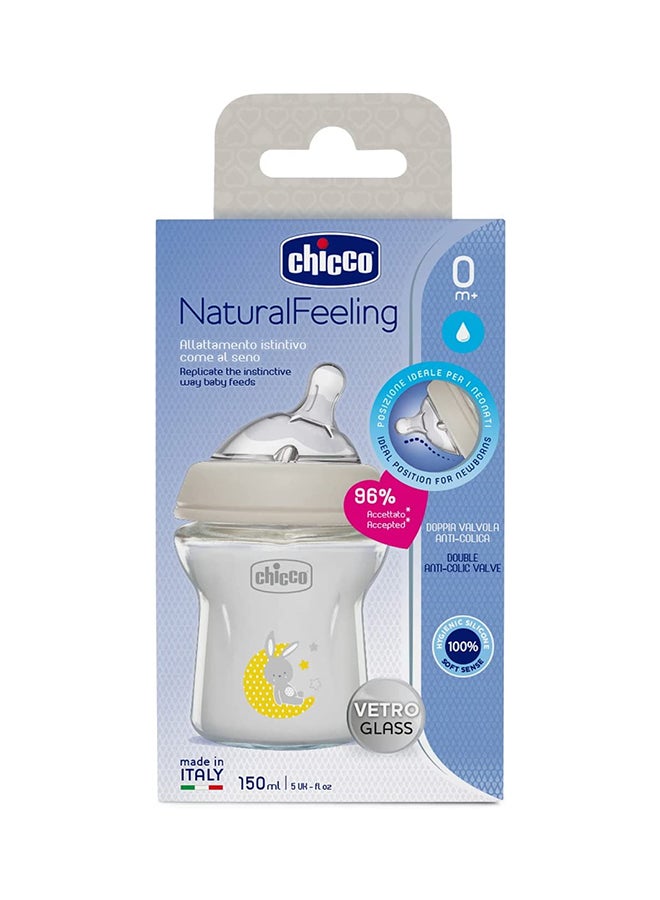 Chicco Natural Feeling Glass Bottle 150ml Slow Flow 0m+ Silicone, Neutral - Image 2