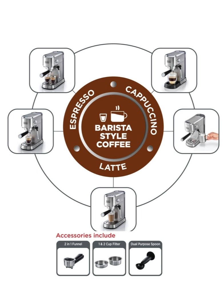 BLACK+DECKER - 15-Bar Espresso Coffee Machine, Milk Frother, Thermo Block Heating, Dual-Level Drip Tray, Ideal for Cappuccino, Latte, Americano, Macchiato, 1 L 1450 W ECM150-B5 Silver - Image 1