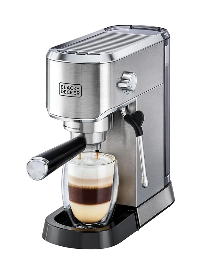 BLACK+DECKER 15-Bar Espresso Coffee Machine, Milk Frother, Thermo Block Heating, Dual-Level Drip Tray, Ideal for Cappuccino, Latte, Americano, Macchiato, 1 L 1450 W ECM150-B5 Silver