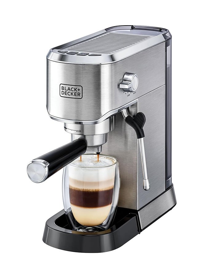BLACK+DECKER - 15-Bar Espresso Coffee Machine, Milk Frother, Thermo Block Heating, Dual-Level Drip Tray, Ideal for Cappuccino, Latte, Americano, Macchiato, 1 L 1450 W ECM150-B5 Silver - Image 1