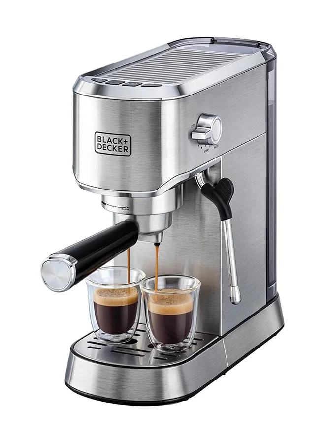 BLACK+DECKER 15-Bar Espresso Coffee Machine, Milk Frother, Thermo Block Heating, Dual-Level Drip Tray, Ideal for Cappuccino, Latte, Americano, Macchiato, 1 L 1450 W ECM150-B5 Silver
