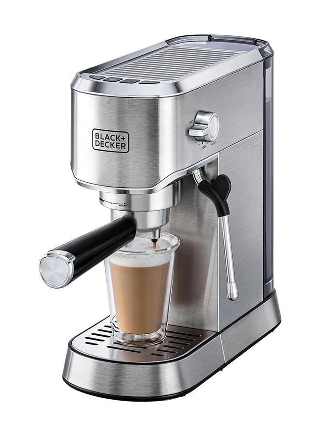 BLACK+DECKER - 15-Bar Espresso Coffee Machine, Milk Frother, Thermo Block Heating, Dual-Level Drip Tray, Ideal for Cappuccino, Latte, Americano, Macchiato, 1 L 1450 W ECM150-B5 Silver - Image 1
