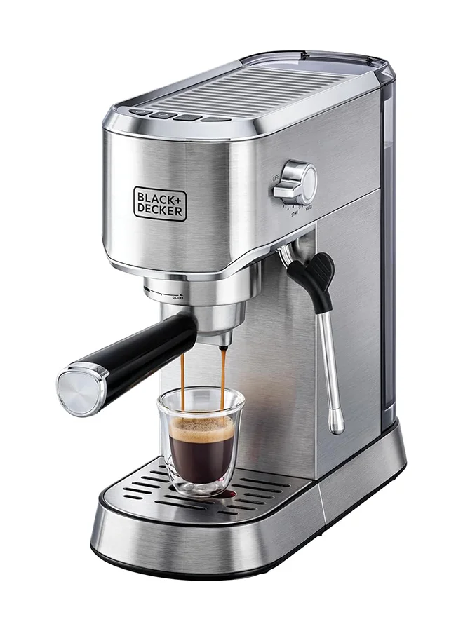 BLACK+DECKER 15-Bar Espresso Coffee Machine, Milk Frother, Thermo Block Heating, Dual-Level Drip Tray, Ideal for Cappuccino, Latte, Americano, Macchiato, 1 L 1450 W ECM150-B5 Silver