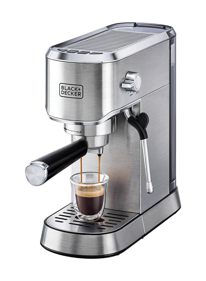 BLACK+DECKER - 15-Bar Espresso Coffee Machine, Milk Frother, Thermo Block Heating, Dual-Level Drip Tray, Ideal for Cappuccino, Latte, Americano, Macchiato, 1 L 1450 W ECM150-B5 Silver - Image 1