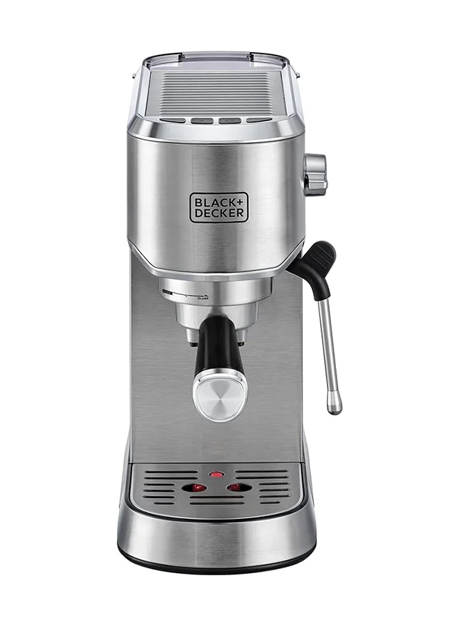 BLACK+DECKER 15-Bar Espresso Coffee Machine, Milk Frother, Thermo Block Heating, Dual-Level Drip Tray, Ideal for Cappuccino, Latte, Americano, Macchiato, 1 L 1450 W ECM150-B5 Silver