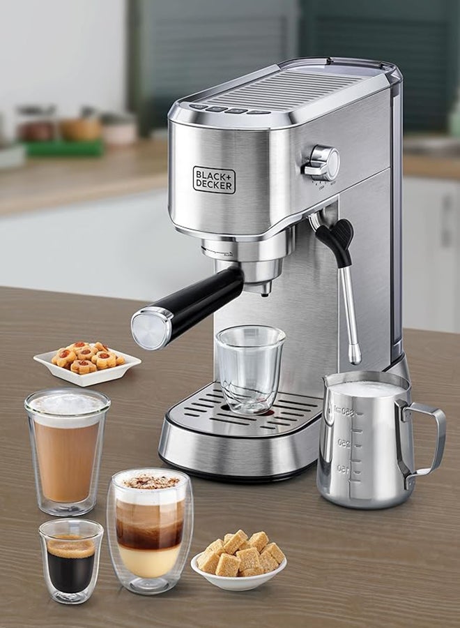 BLACK+DECKER - 15-Bar Espresso Coffee Machine, Milk Frother, Thermo Block Heating, Dual-Level Drip Tray, Ideal for Cappuccino, Latte, Americano, Macchiato, 1 L 1450 W ECM150-B5 Silver - Image 1