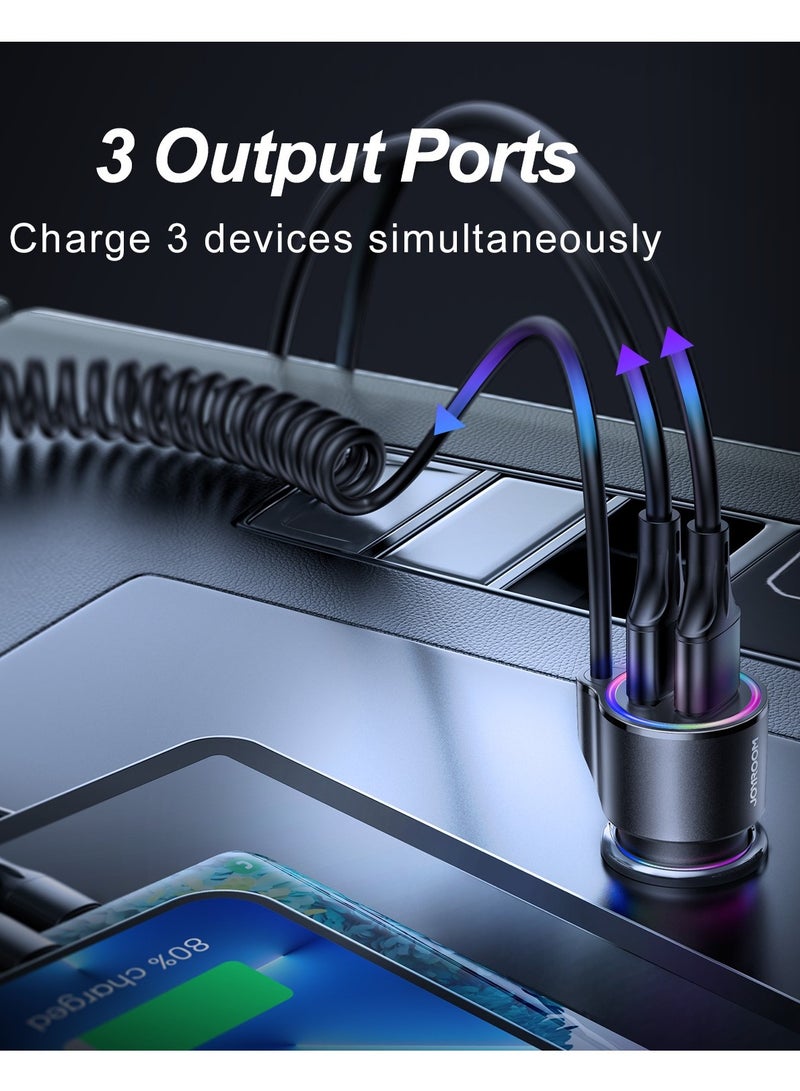 JOYROOM 3.4A 3-in-1 Car Charger with Coiled Lightning Cable BLACK - Image 2