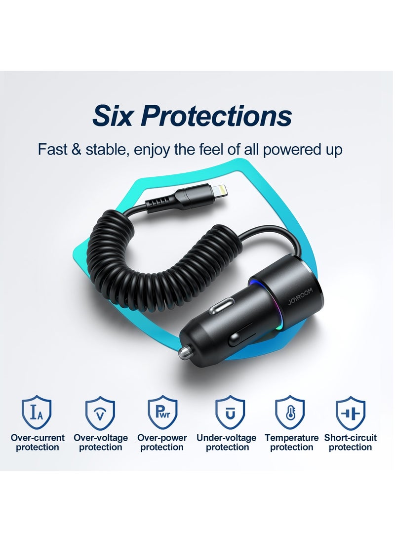 JOYROOM 3.4A 3-in-1 Car Charger with Coiled Lightning Cable BLACK - Image 3