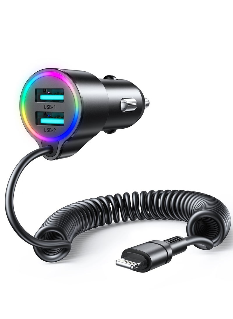 JOYROOM 3.4A 3-in-1 Car Charger with Coiled Lightning Cable BLACK - Image 1