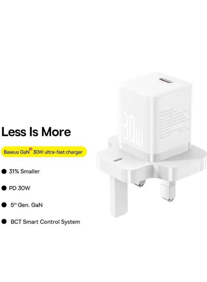 GaN5 Fast Charger (Mini) 30W USB-C Power Adapter, 1-Port Type-C Wall Charger with PD 3.0, Compact GaN Technology, Compatible with iPhone 16/15 Pro/15 Plus/14/13/12, iPad Air, MacBook Air, Samsung S25/S24/S23, Xiaomi, OnePlus, and Other USB-C Devices White
