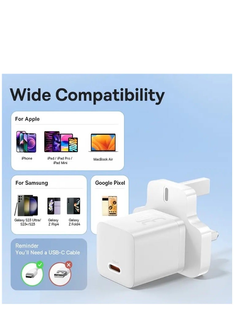 GaN5 Fast Charger (Mini) 30W USB-C Power Adapter, 1-Port Type-C Wall Charger with PD 3.0, Compact GaN Technology, Compatible with iPhone 16/15 Pro/15 Plus/14/13/12, iPad Air, MacBook Air, Samsung S25/S24/S23, Xiaomi, OnePlus, and Other USB-C Devices White