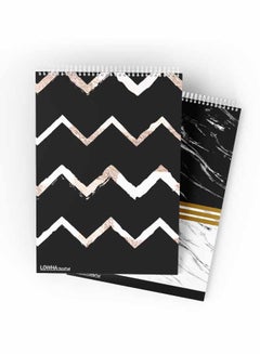 Set Of 2 Spiral Notepads Each With 50 Sheets And A Hard Paper Cover With Squiggly Lines And Marble Design Black/White/Gold