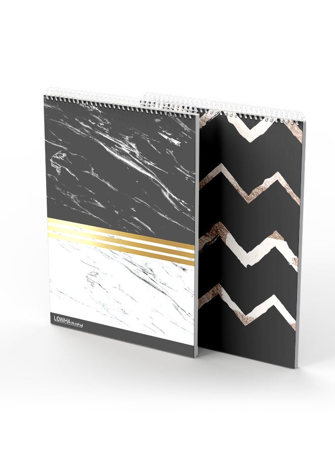 لوحة - Set Of 2 Spiral Notepads Each With 50 Sheets And A Hard Paper Cover With Squiggly Lines And Marble Design Black/White/Gold - Image 1