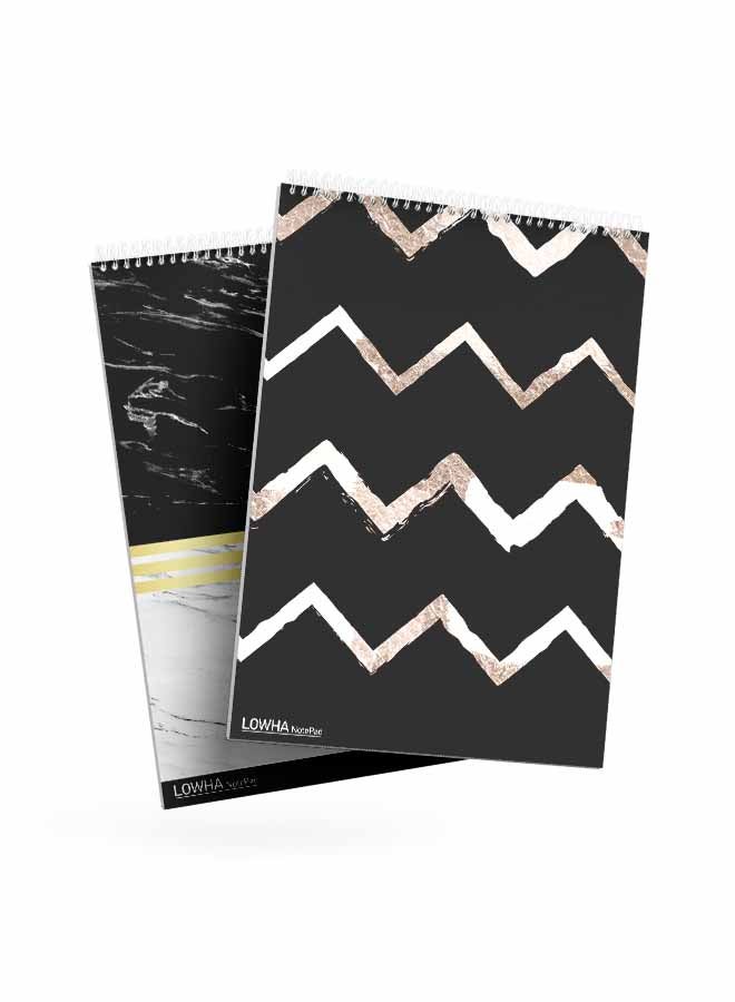لوحة - Set Of 2 Spiral Notepads Each With 50 Sheets And A Hard Paper Cover With Squiggly Lines And Marble Design Black/White/Gold - Image 1