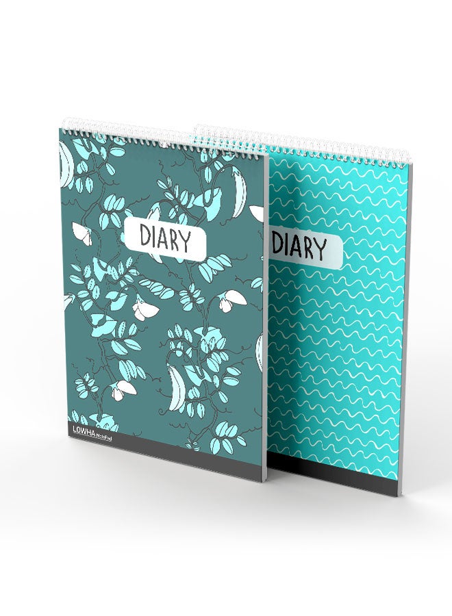 LOWHA Set Of 2 Spiral Notepads Each With 50 Sheets And A Hard Paper Cover With Leaves And Wavy Lines Design Green/White/Black - Image 1
