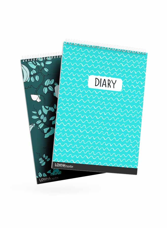 LOWHA Set Of 2 Spiral Notepads Each With 50 Sheets And A Hard Paper Cover With Leaves And Wavy Lines Design Green/White/Black - Image 2