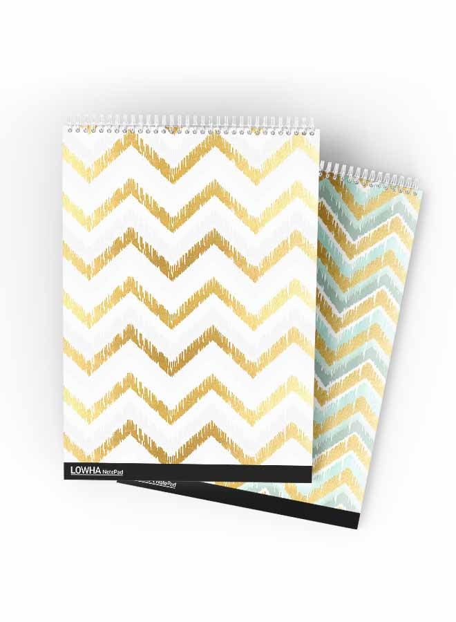 LOWHA Set Of 2 Spiral Notepads Each With 50 Sheets And A Hard Paper Cover With Squiggly Lines Design White/Gold/Green - Image 1