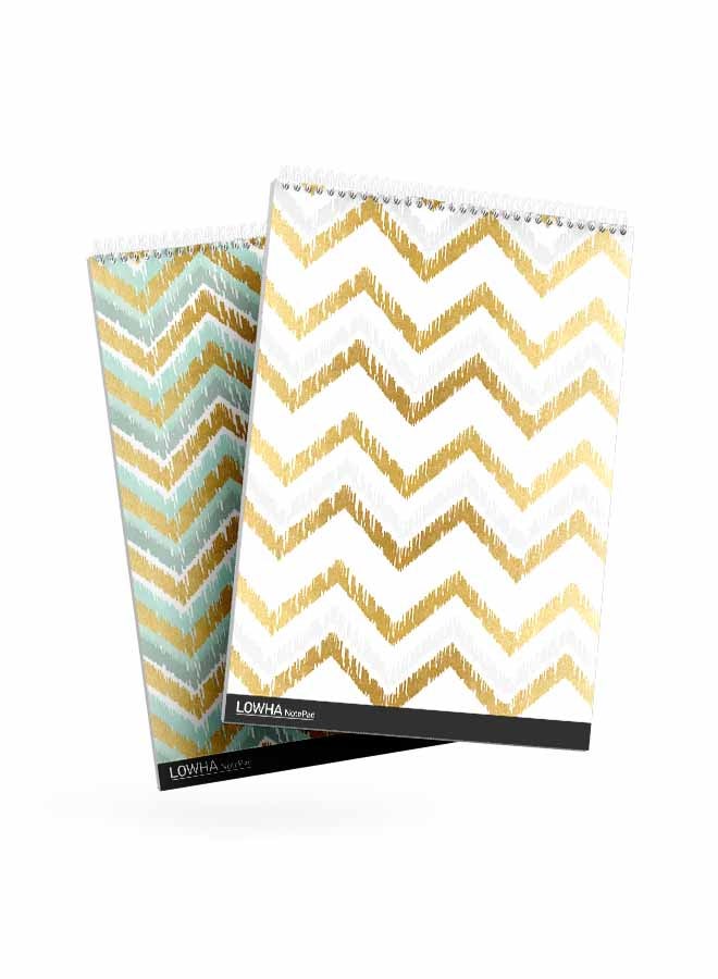 LOWHA Set Of 2 Spiral Notepads Each With 50 Sheets And A Hard Paper Cover With Squiggly Lines Design White/Gold/Green - Image 3
