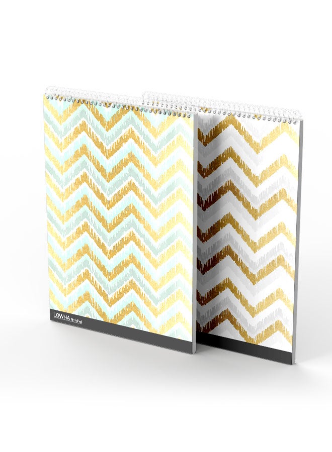 LOWHA Set Of 2 Spiral Notepads Each With 50 Sheets And A Hard Paper Cover With Squiggly Lines Design White/Gold/Green - Image 2