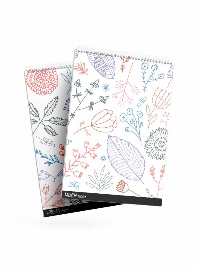 LOWHA Set Of 2 Spiral Notepads Each With 50 Sheets And A Hard Paper Cover With Drawn Leaves And Flowers Design White/Blue/Brown/Purple/Green - Image 1