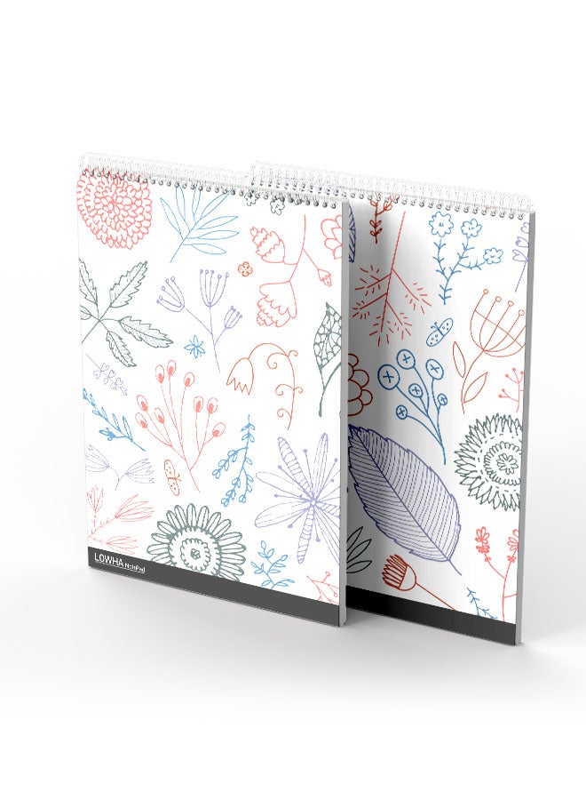 LOWHA Set Of 2 Spiral Notepads Each With 50 Sheets And A Hard Paper Cover With Drawn Leaves And Flowers Design White/Blue/Brown/Purple/Green - Image 2