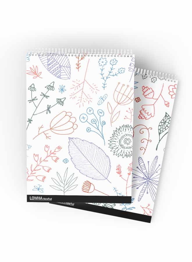 LOWHA Set Of 2 Spiral Notepads Each With 50 Sheets And A Hard Paper Cover With Drawn Leaves And Flowers Design White/Blue/Brown/Purple/Green - Image 3
