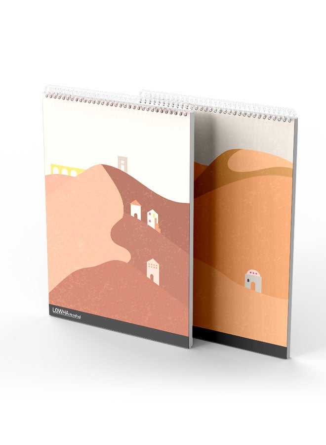 LOWHA Set Of 2 Spiral Notepads Each With 50 Sheets And A Hard Paper Cover With Desert Drawing Design White/Brown/Yellow/Grey - Image 1