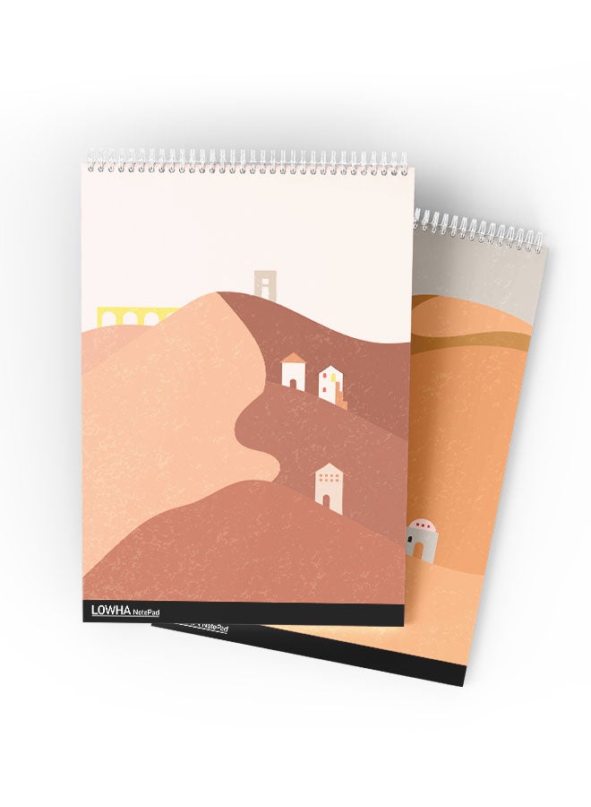 LOWHA Set Of 2 Spiral Notepads Each With 50 Sheets And A Hard Paper Cover With Desert Drawing Design White/Brown/Yellow/Grey - Image 3