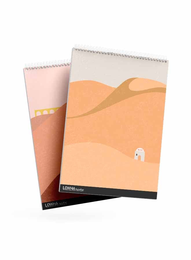 LOWHA Set Of 2 Spiral Notepads Each With 50 Sheets And A Hard Paper Cover With Desert Drawing Design White/Brown/Yellow/Grey - Image 2