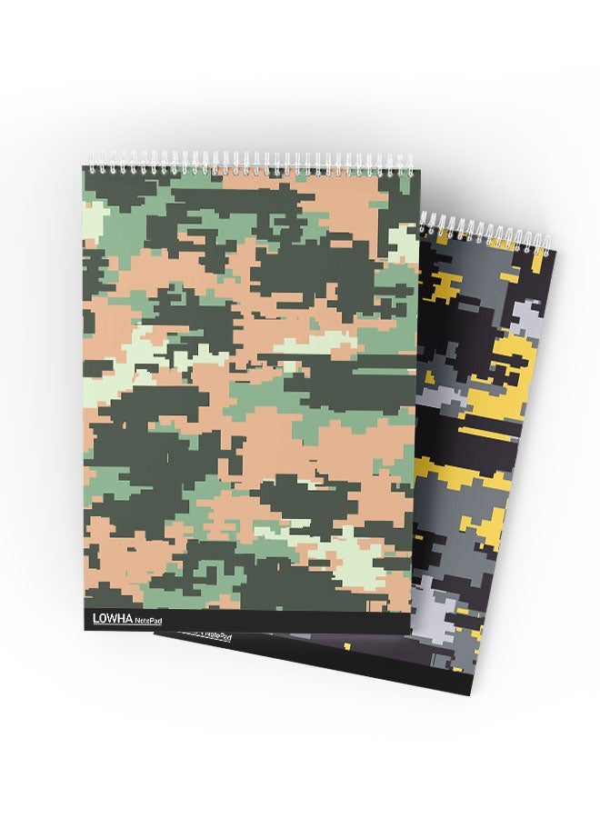 LOWHA Set Of 2 Spiral Notepads Each With 50 Sheets And A Hard Paper Cover With Camouflage Design Green/Orange/Yellow/Grey/Black - Image 1