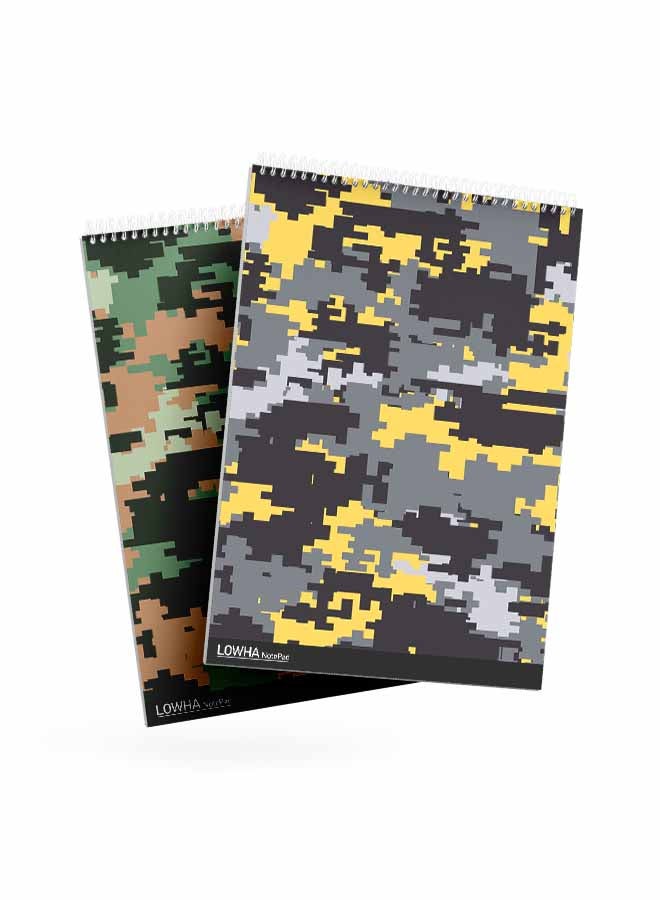 LOWHA Set Of 2 Spiral Notepads Each With 50 Sheets And A Hard Paper Cover With Camouflage Design Green/Orange/Yellow/Grey/Black - Image 2