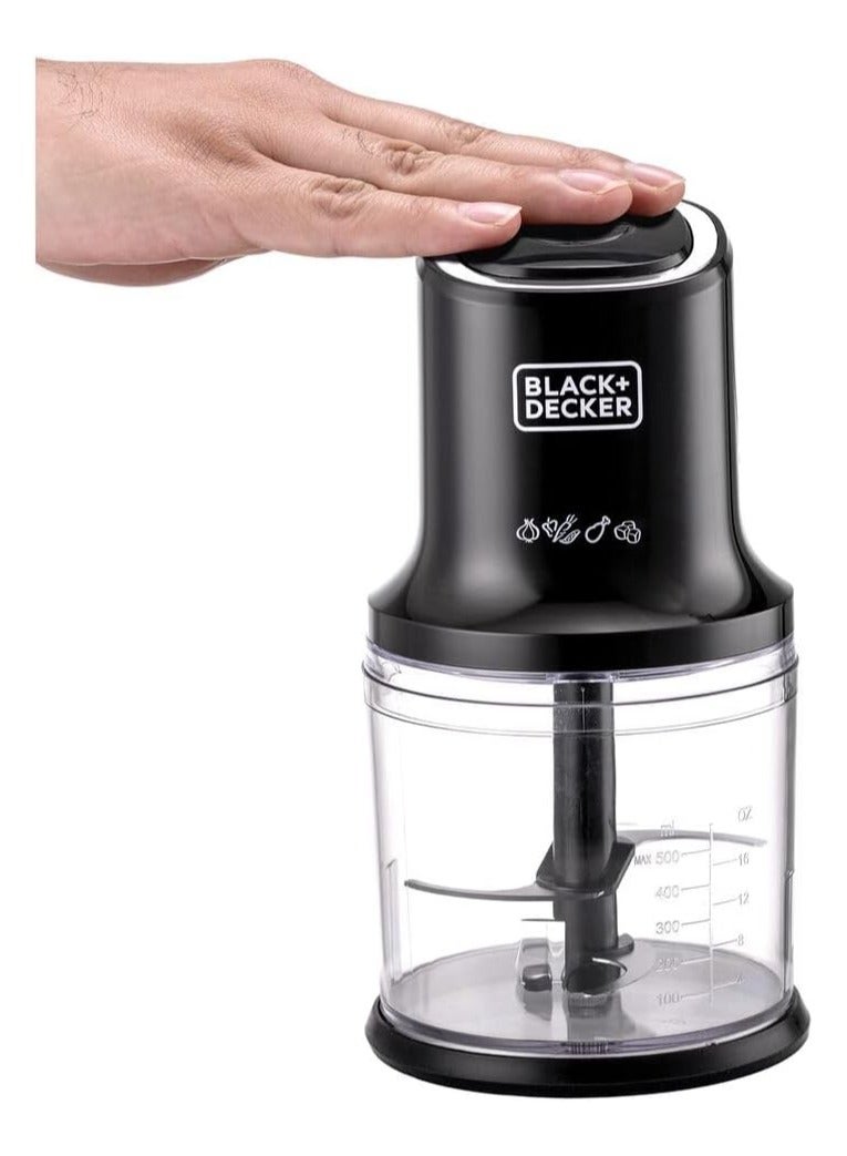 BLACK+DECKER - Vertical Chopper, 4 Durable Stainless Steel Blades, 500ml Working Capacity Bowl, Sleek Chrome Trim, Powerful Motor for Chopping, Pureeing & Mincing, Easy to Use, 500 ml 500 W FC500-B5 Black - Image 1
