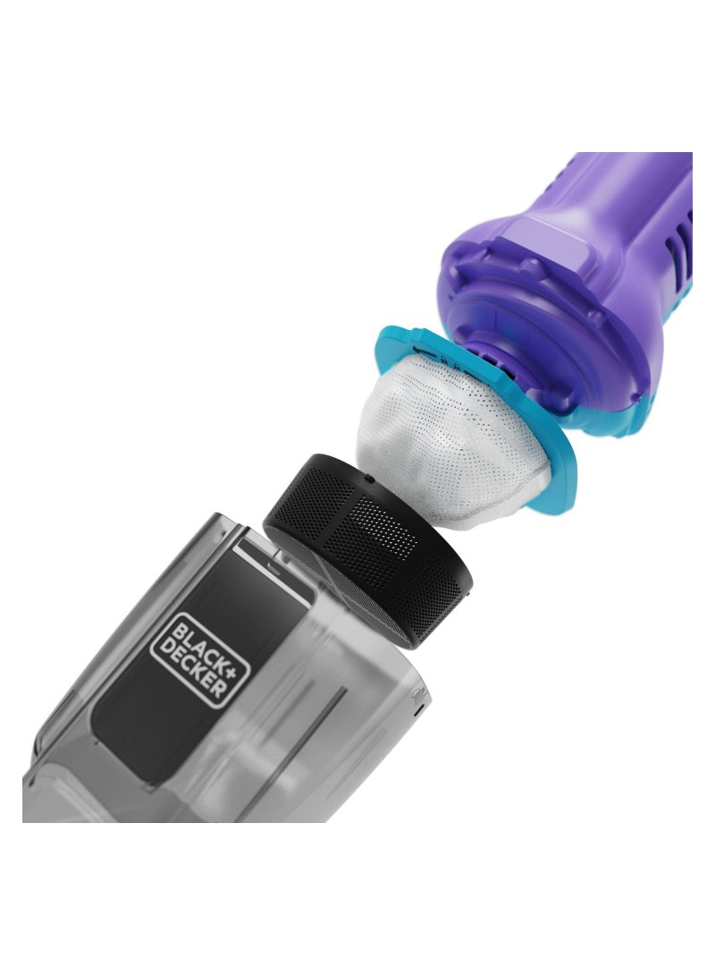BLACK+DECKER Cordless Handheld Dustbuster Vacuum, 7.2V, 2.0Ah Battery, 16AW Suction, Flip-Up Brush, Crevice Tool, Pet Hair Brush, Storage Base, 290 ml 14.4 W NVD220BP-GB Lively Lavender/Breeze Purple  - Image 2