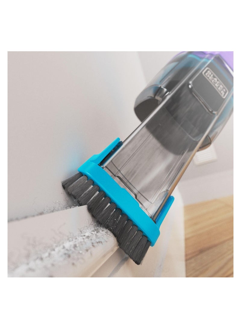BLACK+DECKER Cordless Handheld Dustbuster Vacuum, 7.2V, 2.0Ah Battery, 16AW Suction, Flip-Up Brush, Crevice Tool, Pet Hair Brush, Storage Base, 290 ml 14.4 W NVD220BP-GB Lively Lavender/Breeze Purple  - Image 5