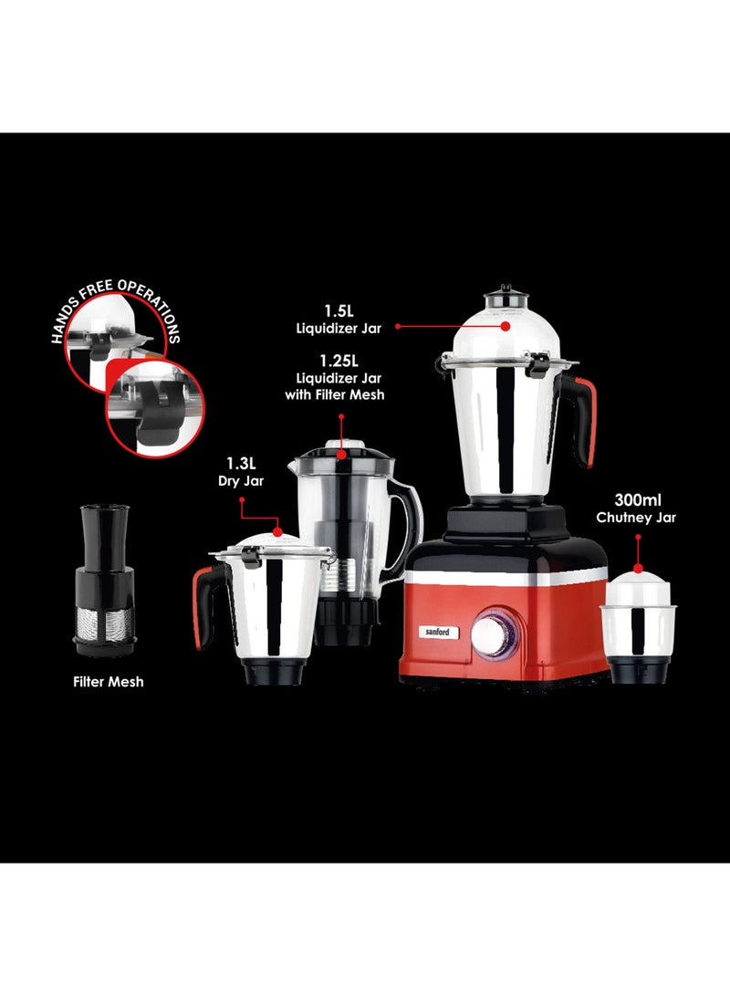 Sanford - 5 IN 1 Powerful Mixer Grinder (Made in India) 1.5 L ,1.25L Liquifiying Jars and 1.3L Dry Chutney Jar, 2 Speed Modes, Stainless Steel blades 1.5 L 1000 W SF5913GM BS Multicolour - Image 1