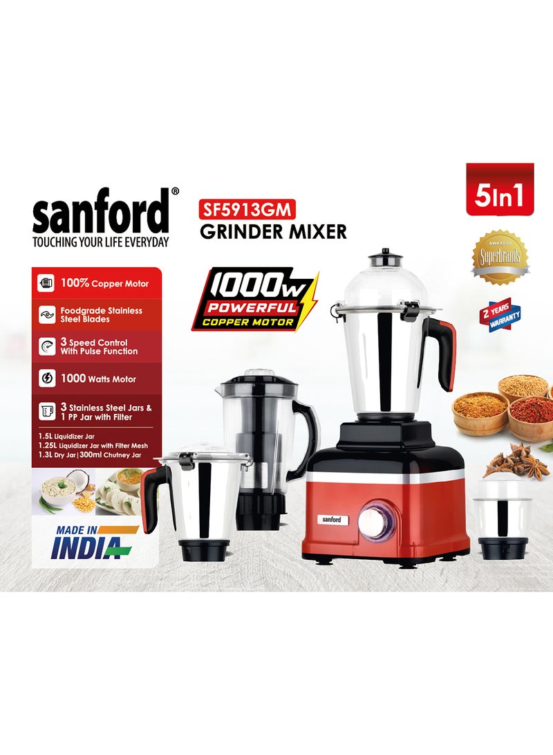 Sanford - 5 IN 1 Powerful Mixer Grinder (Made in India) 1.5 L ,1.25L Liquifiying Jars and 1.3L Dry Chutney Jar, 2 Speed Modes, Stainless Steel blades 1.5 L 1000 W SF5913GM BS Multicolour - Image 1
