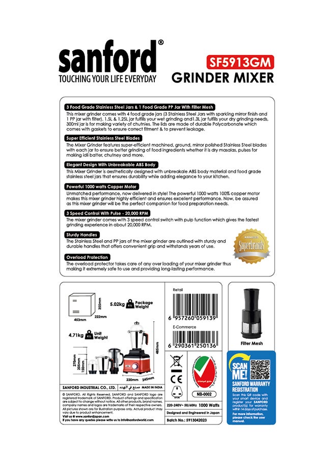 Sanford - 5 IN 1 Powerful Mixer Grinder (Made in India) 1.5 L ,1.25L Liquifiying Jars and 1.3L Dry Chutney Jar, 2 Speed Modes, Stainless Steel blades 1.5 L 1000 W SF5913GM BS Multicolour - Image 1