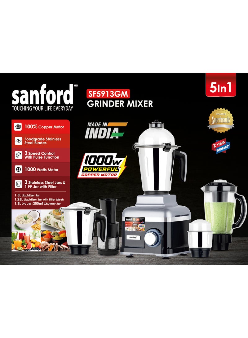 Sanford - 5 IN 1 Powerful Mixer Grinder (Made in India) 1.5 L ,1.25L Liquifiying Jars and 1.3L Dry Chutney Jar, 2 Speed Modes, Stainless Steel blades 1.5 L 1000 W SF5913GM BS Multicolour - Image 1
