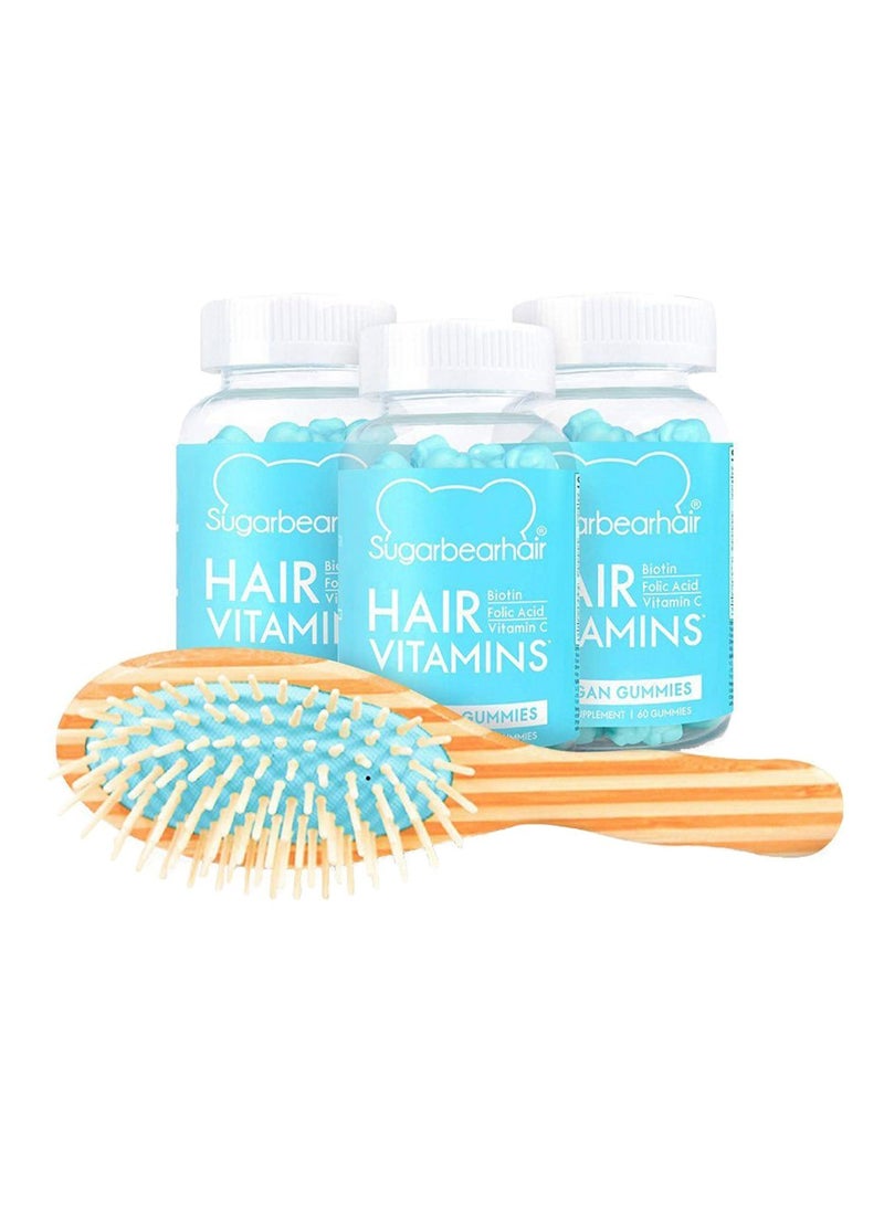 SugarBear Hair Vitamins Vegetarian 3 x 60 Gummies With Free Brush - Image 1