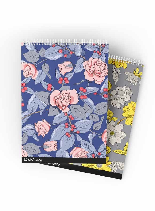 LOWHA Set Of 2 Spiral Notepads Each With 50 Sheets And A Hard Paper Cover With Colorful Flowers Design Blue/Pink/Red/Yellow/Grey - Image 1