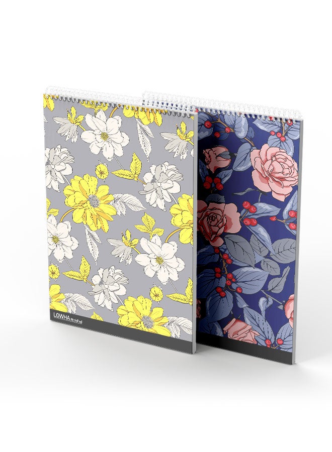 LOWHA Set Of 2 Spiral Notepads Each With 50 Sheets And A Hard Paper Cover With Colorful Flowers Design Blue/Pink/Red/Yellow/Grey - Image 2