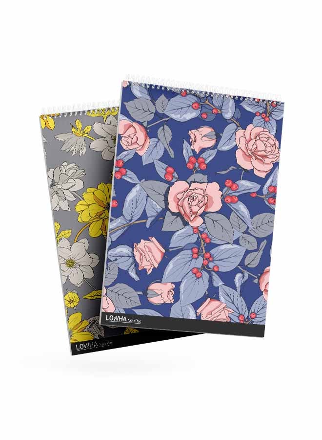 LOWHA Set Of 2 Spiral Notepads Each With 50 Sheets And A Hard Paper Cover With Colorful Flowers Design Blue/Pink/Red/Yellow/Grey - Image 3