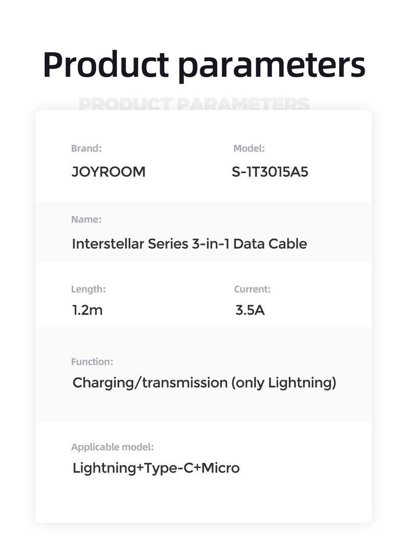 JOYROOM - 3.5A 3-in-1 Data Cable (USB-A to Lightning+Type-C+Micro) 1.2m Black - Image 1