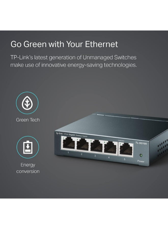 Tenda - TL-SG105 With 5 Port Gigabit Unmanaged Ethernet Network Switch, Ethernet Splitter, Plug And Play, Fanless Metal Design, Shielded Ports, Traffic Optimization, Limited Lifetime Protection Black - Image 1