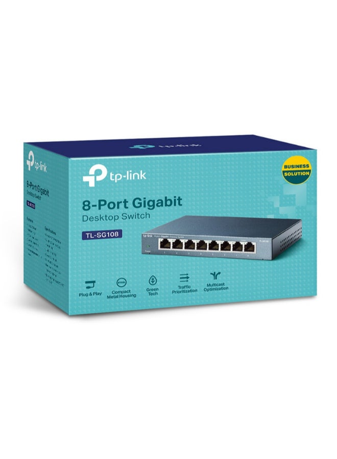 Tenda - TL-SG108 With 8 Port Gigabit Unmanaged Ethernet Network Switch, Ethernet Splitter, Plug And Play, Fanless Metal Design, Shielded Ports, Traffic Optimization, Limited Lifetime Protection Black - Image 1