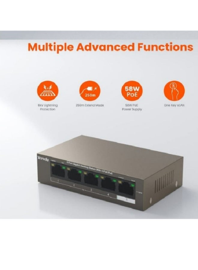 Tenda TEG1105P-4-63W With 5-Port Gigabit Desktop Switch With 4-Port PoE Brown  - Image 2