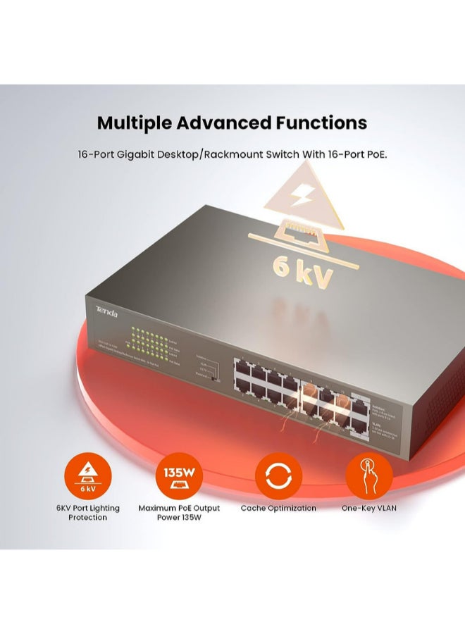 تيندا TEG1116P-16-150W 1000M&amp;POE مع محول جيجابت إيثرنت 16 منفذًا مع 16 منفذ POE بني  - Image 2